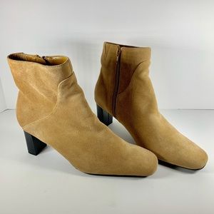NWOT Tan suede booties w/ small wooden heel